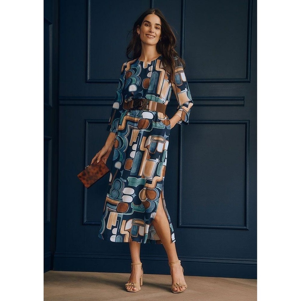 J McLaughlin Eldridge Dress Womens Small Blue Abstract Expressionism Midi Print